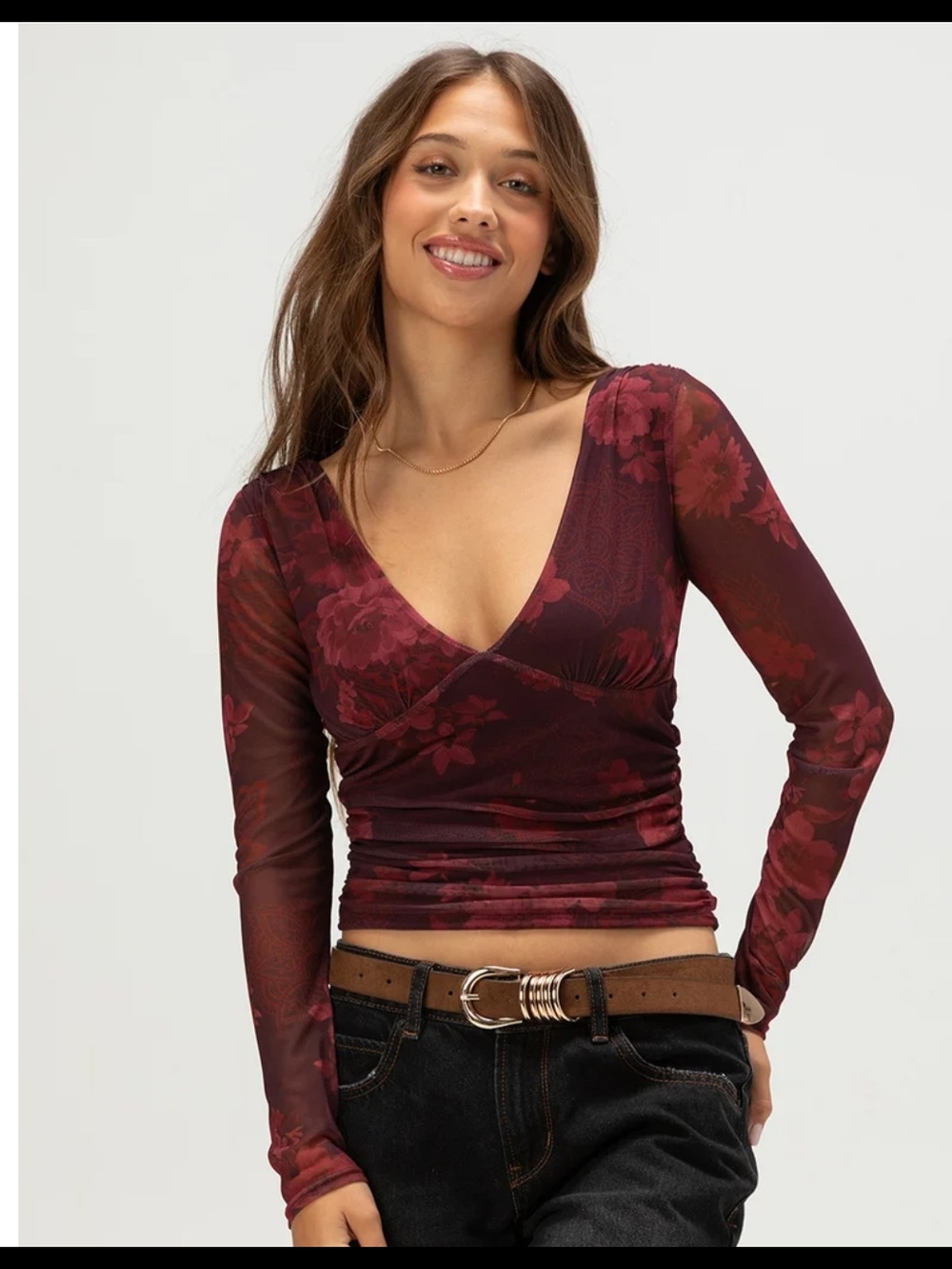 Tilly's Burgundy Floral Wrap Long Sleeve Top Size L NWT New
